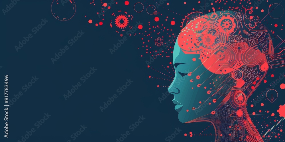 Aufkleber Stylized human head with embedded circuits and gears, surrounded by digital symbols and data points, symbolizing the synergy between human intelligence and AI