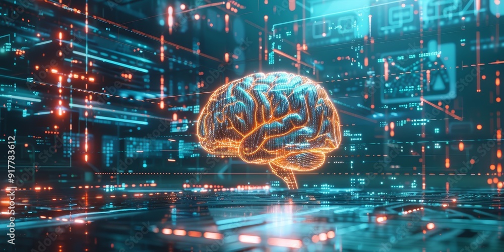 Poster Abstract digital brain with glowing lines and circuits, set against a backdrop of tech icons and data streams, representing the concept of artificial intelligence