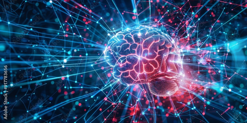 Fototapete Futuristic visualization of an AI neural network with interconnected nodes and lines, surrounded by holographic symbols and data points, illustrating advanced AI technology