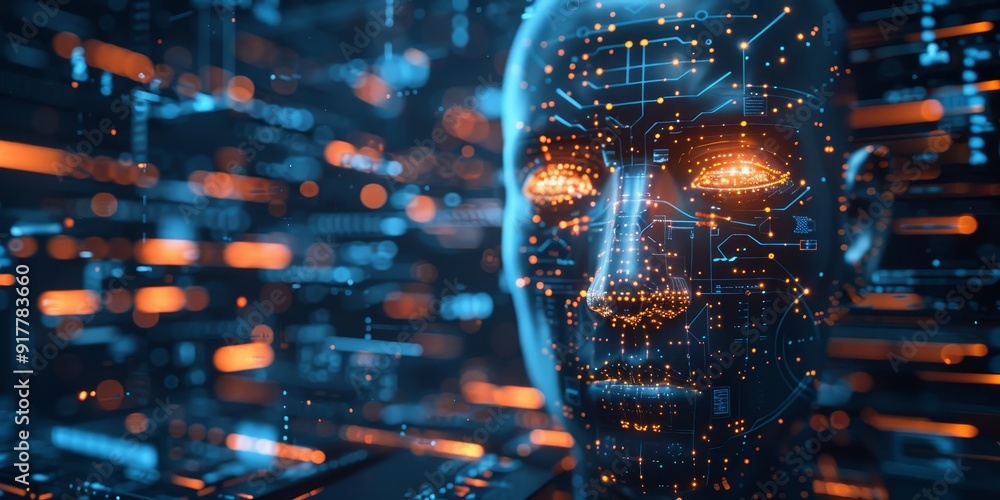 Poster Modern AI concept with a face made from circuits and data lines, set against a background of tech symbols and glowing icons, representing artificial intelligence and technology