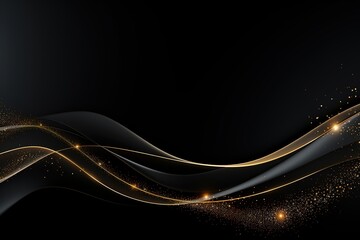 Abstract black background with gold glitter and wavy lines.
