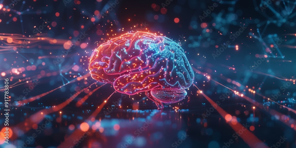 Poster 3D rendering of a digital brain with neural connections, surrounded by floating tech symbols and data streams, illustrating the advanced concepts of AI and machine learning
