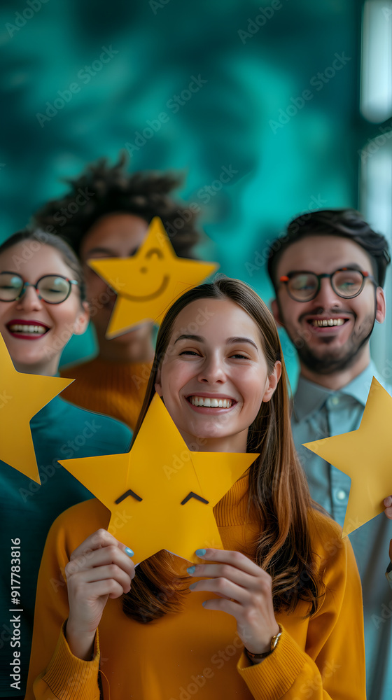 Poster a group of people holding floating performance reviews with joyful expressions set against a dreamy 