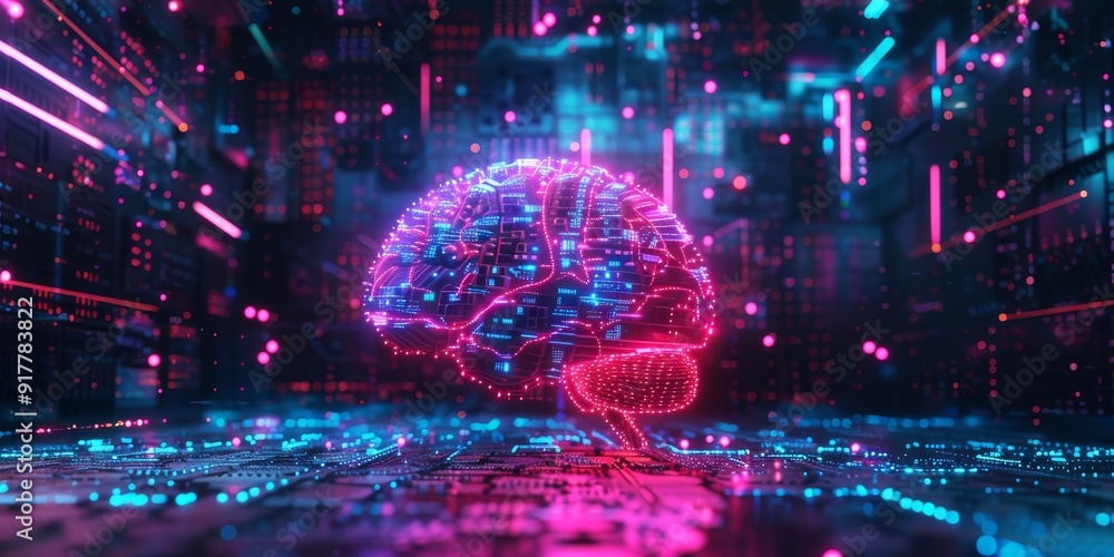 Poster Futuristic neon brain with circuits, representing artificial intelligence in vibrant colors, glowing in a dark digital background filled with interconnected nodes and symbols