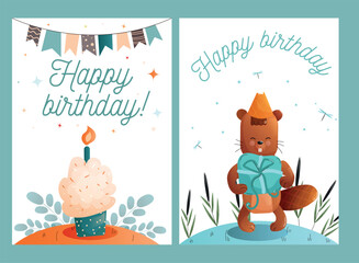 Childrens cute greeting card. Set of happy birthday card with beaver and birthday cake. Vector.