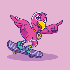 cute flamingo character playing skate board