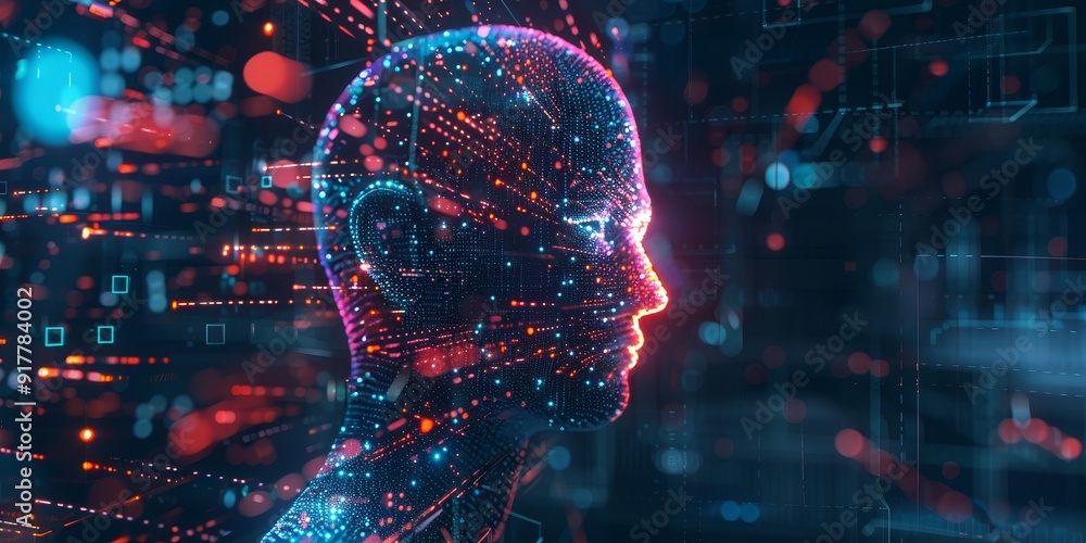 Fototapete 3D rendering of an abstract AI head with data streams and binary codes flowing through, surrounded by holographic symbols and digital graphs on a dark background