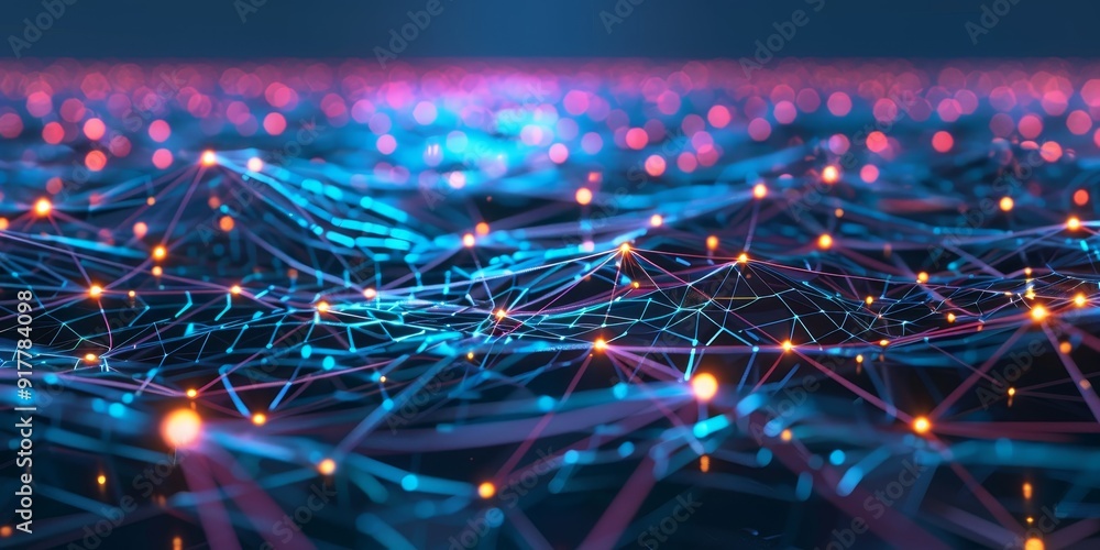 Poster Digital neural network diagram with interconnected nodes and lines, glowing in bright colors against a dark backdrop, symbolizing artificial intelligence and machine learning