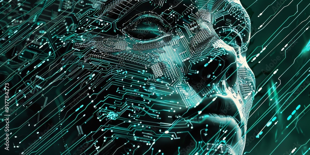 Fototapete Abstract image of a face made from circuit boards and data lines, symbolizing artificial intelligence and human-machine integration in a high-tech visual style
