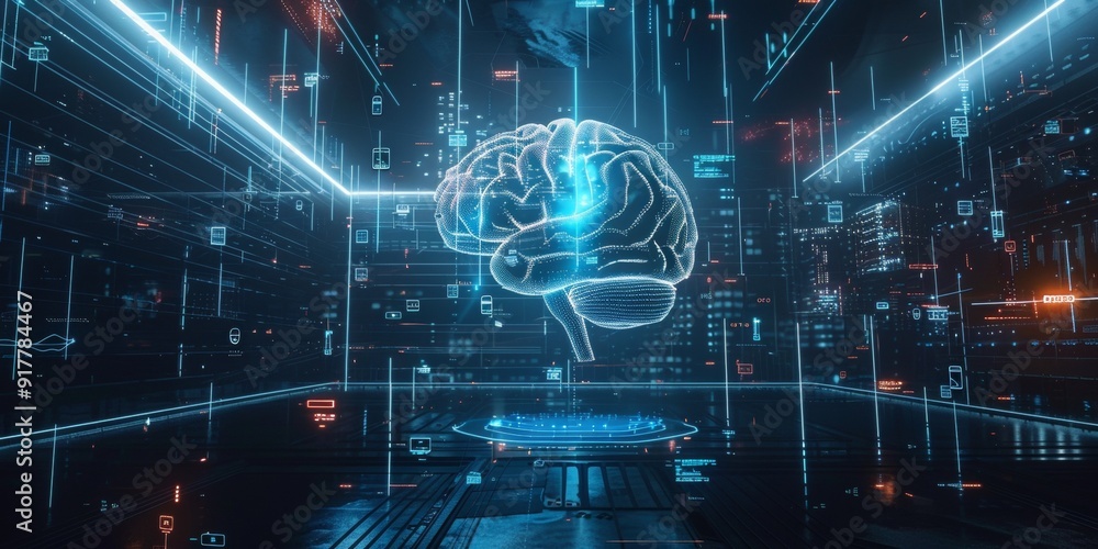 Fototapete Holographic 3D brain with neural connections, surrounded by floating digital symbols and graphs, depicting advanced AI and machine learning concepts in a dark setting