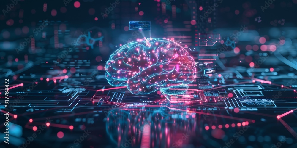 Aufkleber Holographic 3D brain with neural connections, surrounded by floating digital symbols and graphs, depicting advanced AI and machine learning concepts in a dark setting