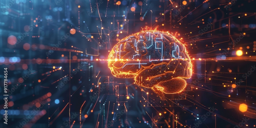 Aufkleber Futuristic digital brain with glowing lines and circuits, set against a background of tech symbols and data streams, illustrating the concept of artificial intelligence