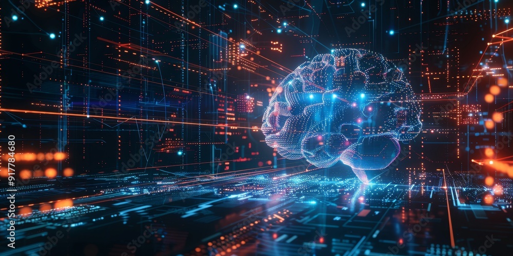 Aufkleber Futuristic digital brain with glowing lines and circuits, set against a background of tech symbols and data streams, illustrating the concept of artificial intelligence