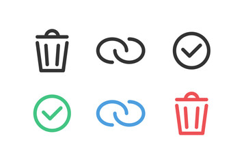 Link chain, checkmark and garbage container outlined symbol set in 2 variations. Vector icons in flat style