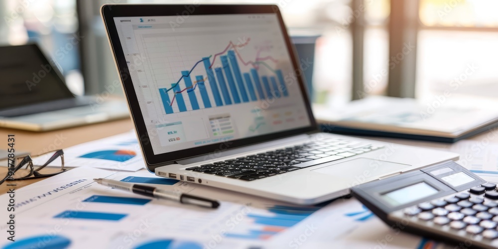 Poster a professional business setting with a detailed appraisal report on a laptop screen, surrounded by f