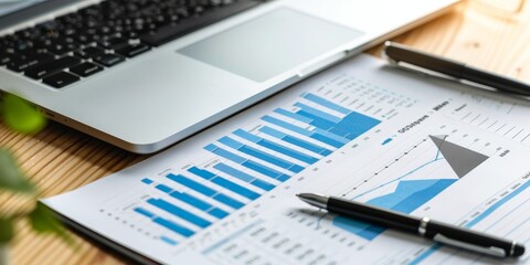 High-angle view of an office desk with an appraisal report, financial charts, a pen, and a laptop, symbolizing professional evaluation and meticulous review