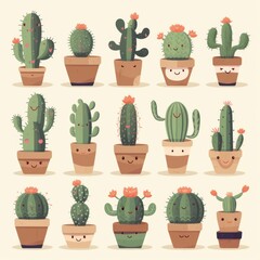 Cute Illustrated Cactus Collection in Pots with Smiling Faces - Happy Cacti Illustration for Fun Decor and Gifts