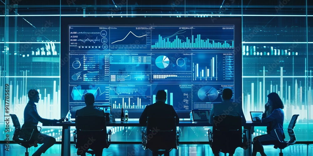 Fototapete a team meeting with professionals reviewing an appraisal report, with charts and graphs displayed on