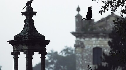   A black cat sits atop a building with a clock tower in the background