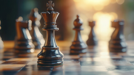closeup of king chess piece on chessboard on blur background concept of leadership strategy and business risk