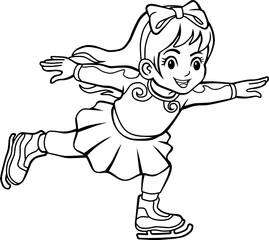  ice skating kid line vector illustration isolated on white background