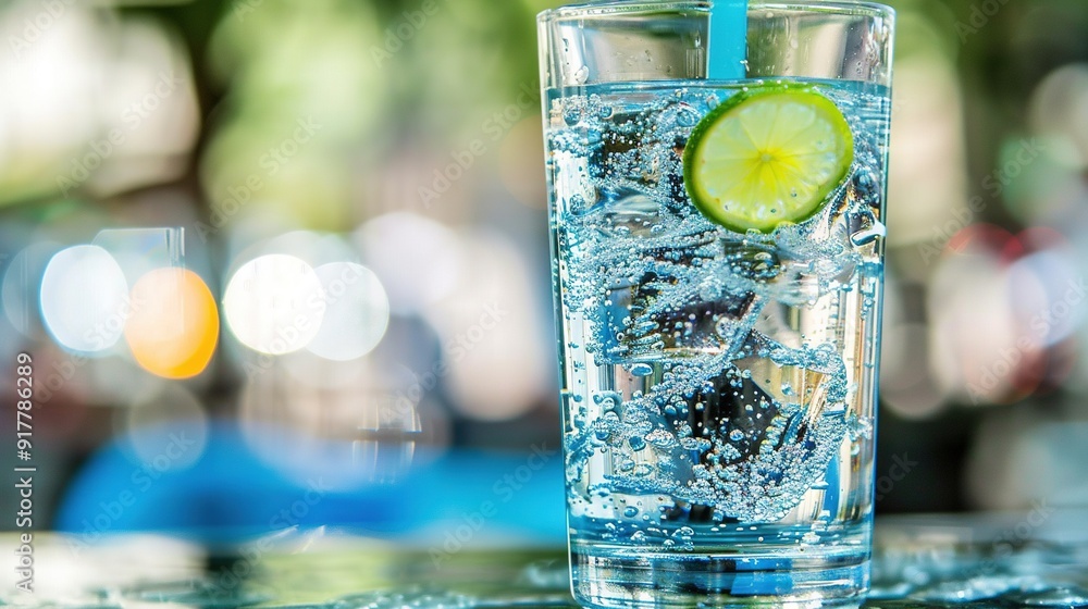 Sticker   A sharp focus of a glass containing a lime wedge and glistening ice cubes rests on a table, while hazy background illumination surrounds it