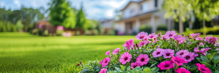 closeup of beautiful backyard multicolored flower garden and lawn grass shrubs with luxury home on background