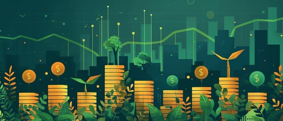 Eco energy, trees on coin stacks, green investments, growth graph, renewable energy icons, AI generated illustration, highquality image