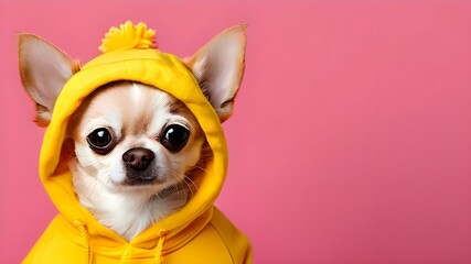 Cute Chihuahua in Yellow Hoodie and Pink Beanie on Yellow Background. 