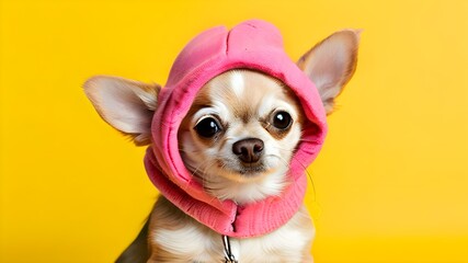  charming Chihuahua dressed in vivid yellow hoodie and a cute pink beanie stands out against a matching yellow background