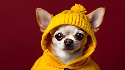  charming Chihuahua dressed in vivid yellow hoodie and a cute pink beanie stands out against a matching yellow background