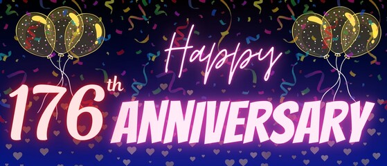 176th anniversary neon calligraphy text and number. Confetti and balloon isolated on elegant blue gradient background, sparkle, design for greeting card, print. one hundred seventy six anniversary