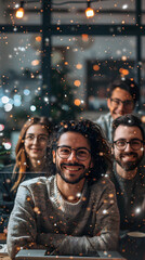 Vibrant and joyful group at sparkling workstations in whimsical setting, ideal for graphic design or text. Represents happy and rewarding workplace. Photo Stock Concept.