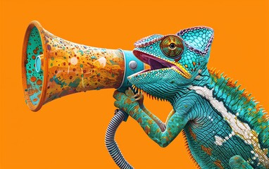 Creative announcement concept, vibrant chameleon shouting into megaphone, solid orange background, playful wildlife illustration