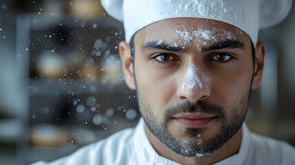 Chef's Face with Flour Dust: Portrait of a chef's face, with a light dusting of flour and a determined look, set against a kitchen background.
