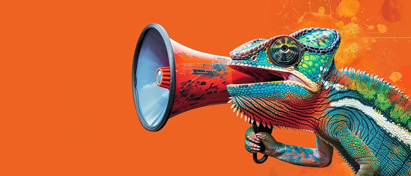 Vibrant chameleon announcement, megaphone shout, creative wildlife concept, solid orange background, playful illustration