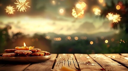 A festive table adorned with traditional Diwali sweets, blurred background of fireworks and glowing lights, soft evening glow, creating a joyful and inviting Diwali atmosphere, rich colors,