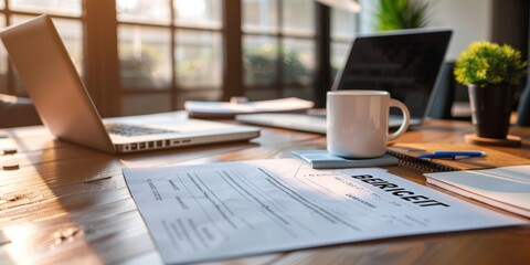 Close-up of a corporate document titled 'Best Practices' on a stylish desk, surrounded by laptops, coffee cups, and notes, emphasizing meticulous corporate guidelines
