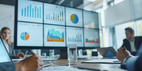 A business team discussing best practices in corporate strategy around a modern conference table, with charts and graphs on the screen, highlighting collaborative planning