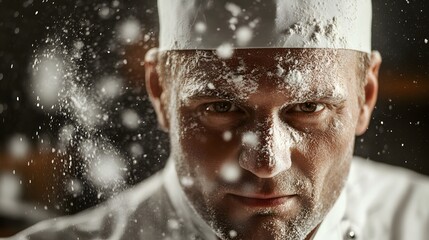 Chef's Face with Flour Dust: Portrait of a chef's face, with a light dusting of flour and a determined look, set against a kitchen background.
