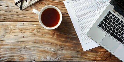 High-angle view of an office workspace with a 'Best Practices' document, laptop, coffee, and financial charts, symbolizing thorough corporate guidelines
