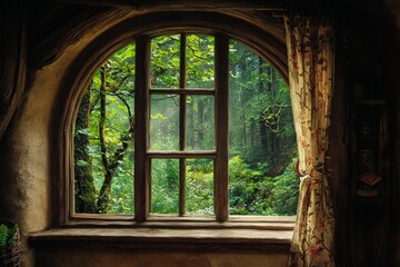 A window in a whimsical fairy tale cottage, with a forest outside. 