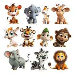 Cartoon Animal Characters Isolated on Transparent or White Background, PNG