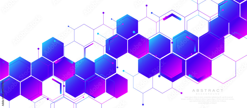 Poster abstract blue and purple hexagon shapes pattern background. futuristic digital technology concept. v
