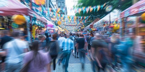 Obraz premium A busy street festival captured in a blur, with people moving in various directions, food stalls, and vibrant decorations, showcasing a lively outdoor event