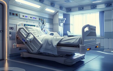 Hospital bed with patient and IV