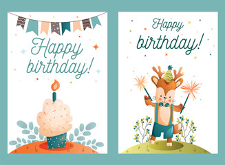 Childrens cute greeting card. Set of birthday cards with a festive cupcake and a funny animal character. Vector.