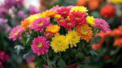 A lovely arrangement of colorful chrysanthemums in a vase, displaying their vivid colors and floral charm.