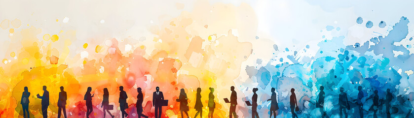 Fototapeta premium Watercolor Business Card Exchange with Smiling Faces in a Creative Environment - Photo Stock Concept
