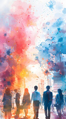 Creative Business Networking with Watercolor Business Cards and Smiling Faces in Whimsical Setting - Photo Stock Concept